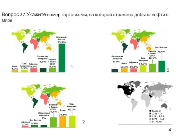 Вопрос 27.Укажите номер картосхемы, на которой отражена добыча нефти в мире 1 2 3 4