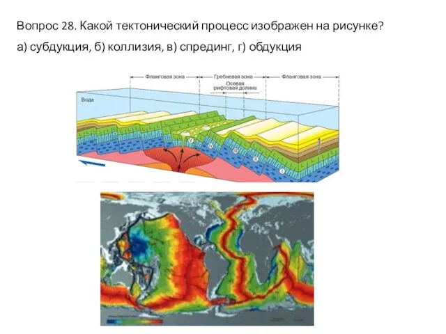 Вопрос 28. Какой тектонический процесс изображен на рисунке? а) субдукция, б) коллизия, в) спрединг, г) обдукция