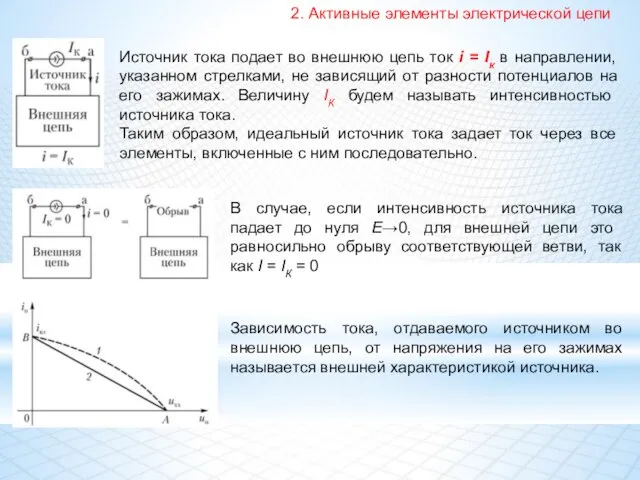 2. Активные элементы электрической цепи Источник тока подает во внешнюю цепь