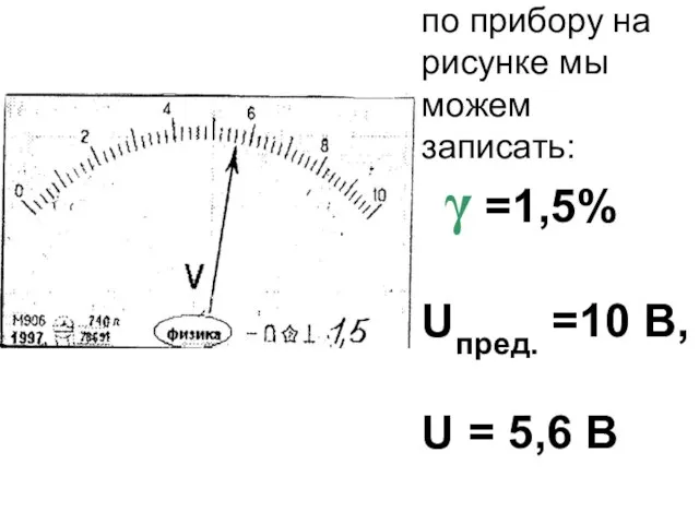 по прибору на рисунке мы можем записать: γ =1,5% Uпред. =10 В, U = 5,6 B