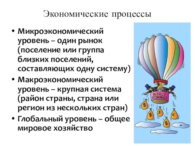 Экономические процессы Микроэкономический уровень – один рынок (поселение или группа близких