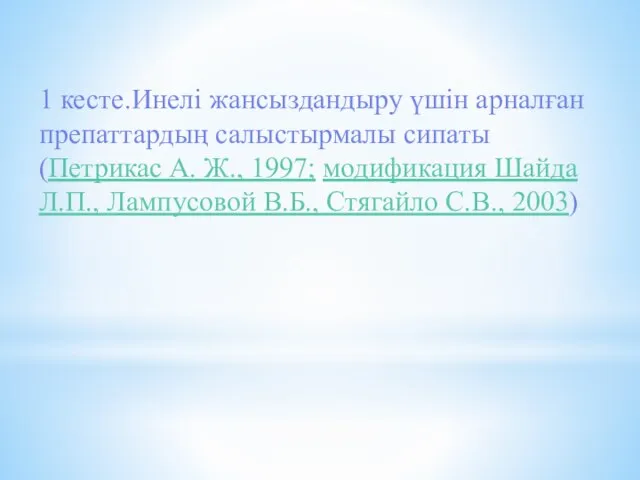 1 кесте.Инелі жансыздандыру үшін арналған препаттардың салыстырмалы сипаты(Петрикас А. Ж., 1997;