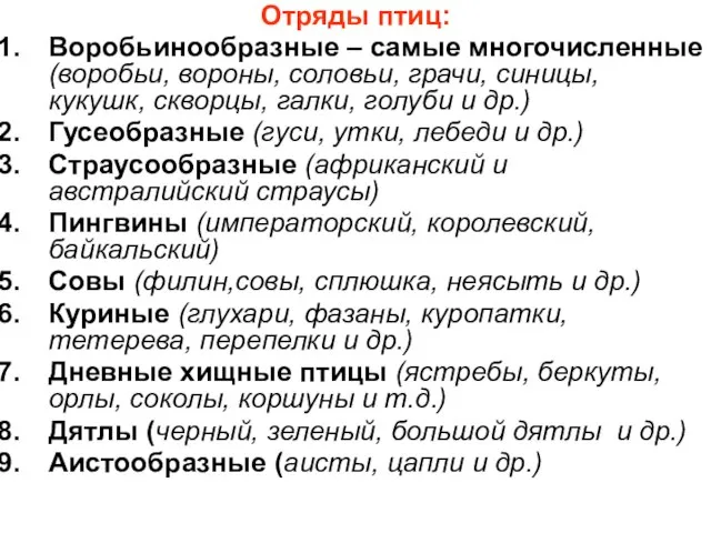 Отряды птиц: Воробьинообразные – самые многочисленные (воробьи, вороны, соловьи, грачи, синицы,