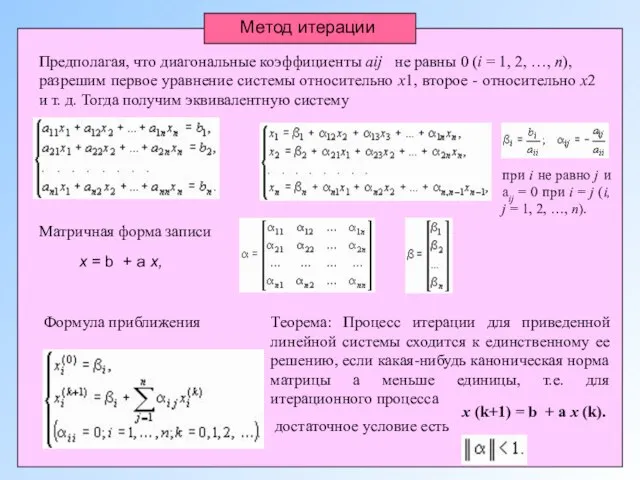 Метод итерации Предполагая, что диагональные коэффициенты aij не равны 0 (i