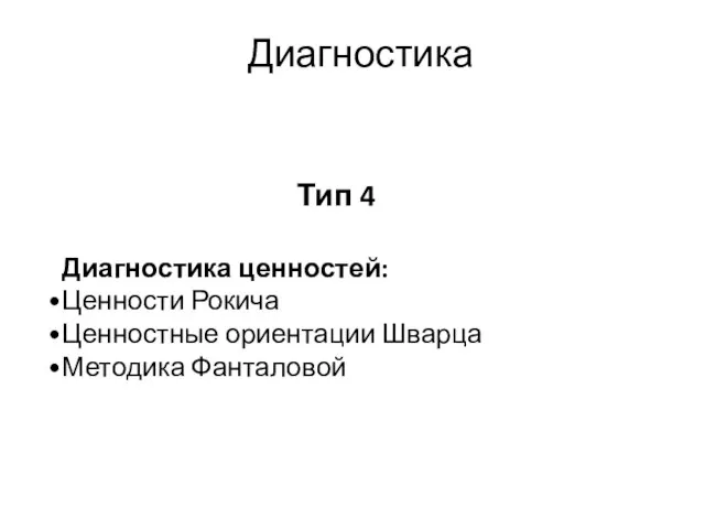 Диагностика Тип 4 Диагностика ценностей: Ценности Рокича Ценностные ориентации Шварца Методика Фанталовой