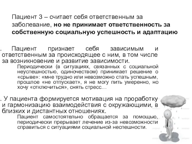 Пациент 3 – считает себя ответственным за заболевание, но не принимает