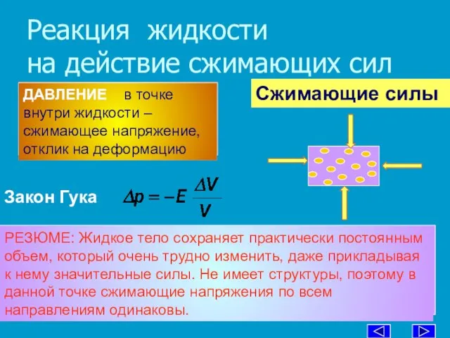 Реакция жидкости на действие сжимающих сил Е – модуль упругости жидкости,