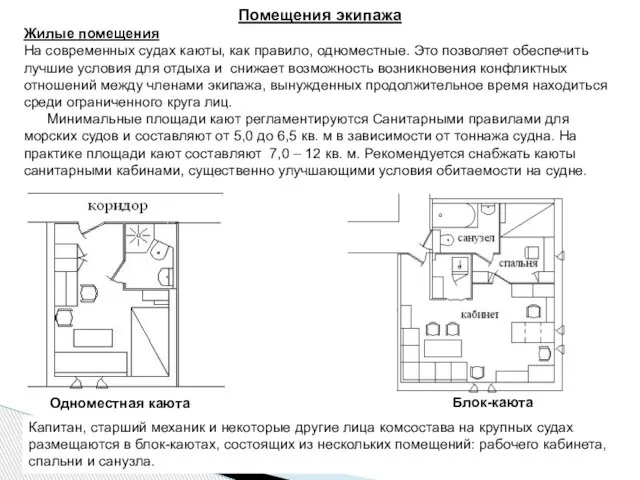 Помещения экипажа Жилые помещения На современных судах каюты, как правило, одноместные.