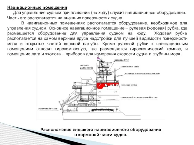 Расположение внешнего навигационного оборудования в кормовой части судна. Навигационные помещения Для