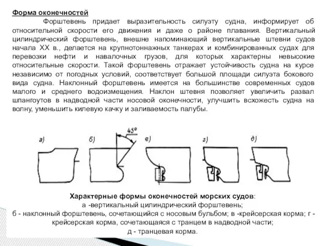 Характерные формы оконечностей морских судов: а -вертикальный цилиндрический форштевень; б -