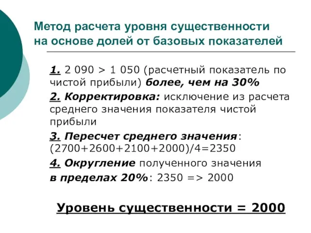 Метод расчета уровня существенности на основе долей от базовых показателей 1.