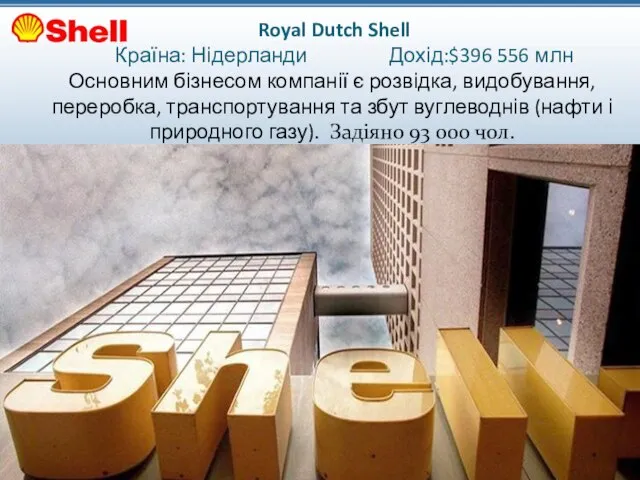 Royal Dutch Shell Країна: Нідерланди Дохід:$396 556 млн Основним бізнесом компанії