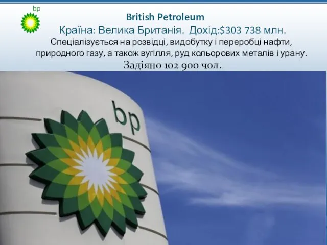British Petroleum Країна: Велика Британія. Дохід:$303 738 млн. Спеціалізується на розвідці,