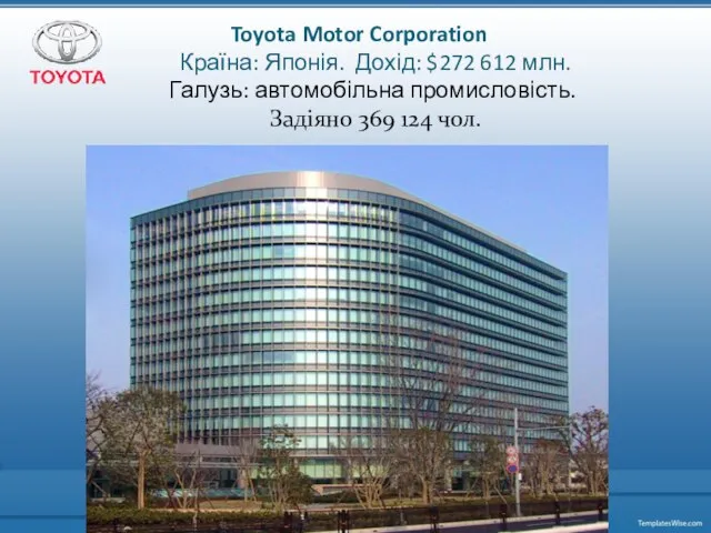 Toyota Motor Corporation Країна: Японія. Дохід: $272 612 млн. Галузь: автомобільна промисловість. Задіяно 369 124 чол.