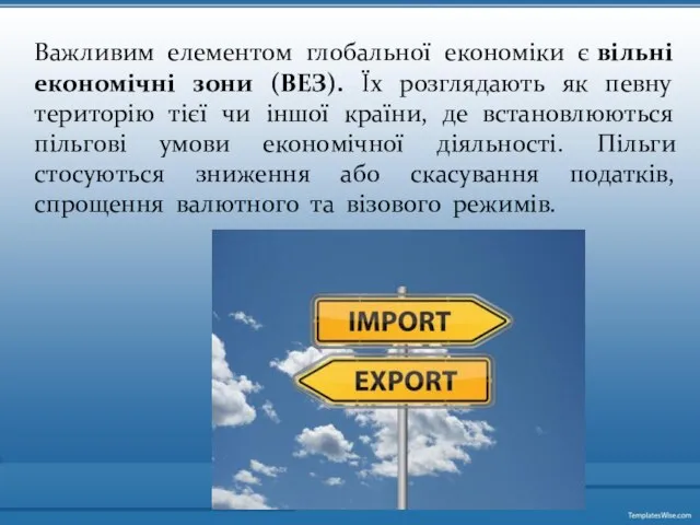 Важливим елементом глобальної економіки є вільні економічні зони (ВЕЗ). Їх розглядають