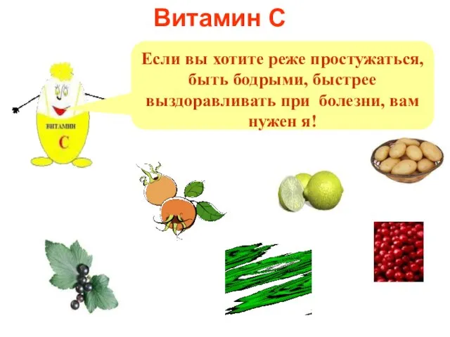 Витамин С Если вы хотите реже простужаться, быть бодрыми, быстрее выздоравливать при болезни, вам нужен я!