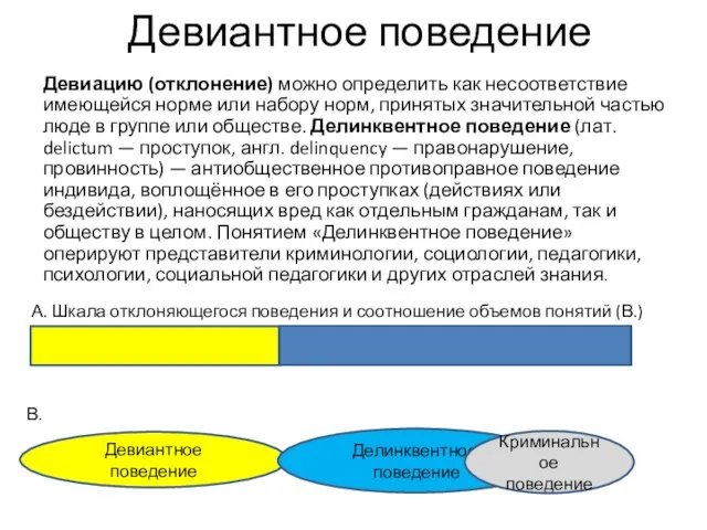 Девиантное поведение Девиацию (отклонение) можно определить как несоответствие имеющейся норме или