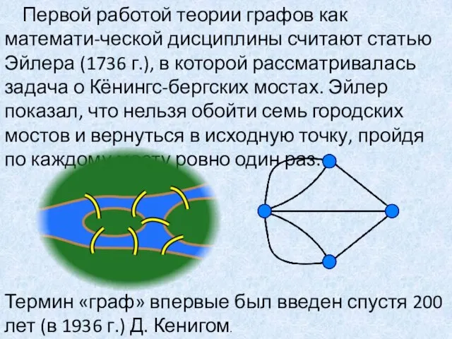 Первой работой теории графов как математи-ческой дисциплины считают статью Эйлера (1736