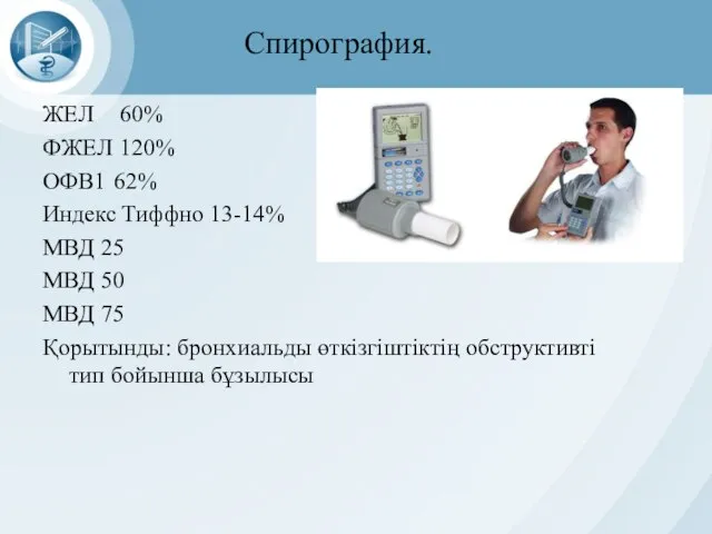 Спирография. ЖЕЛ 60% ФЖЕЛ 120% ОФВ1 62% Индекс Тиффно 13-14% МВД