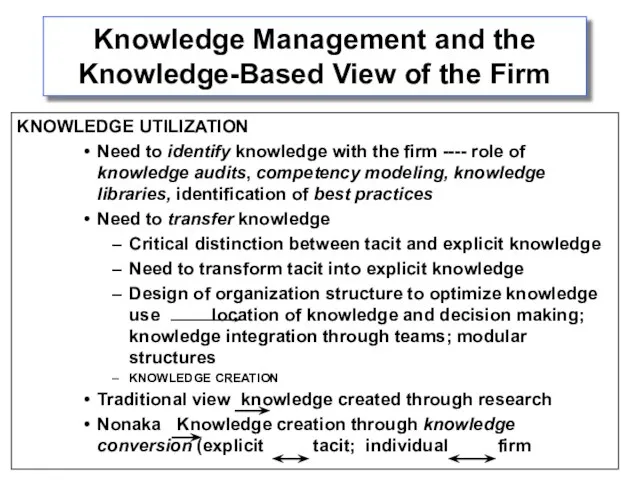 Knowledge Management and the Knowledge-Based View of the Firm KNOWLEDGE UTILIZATION