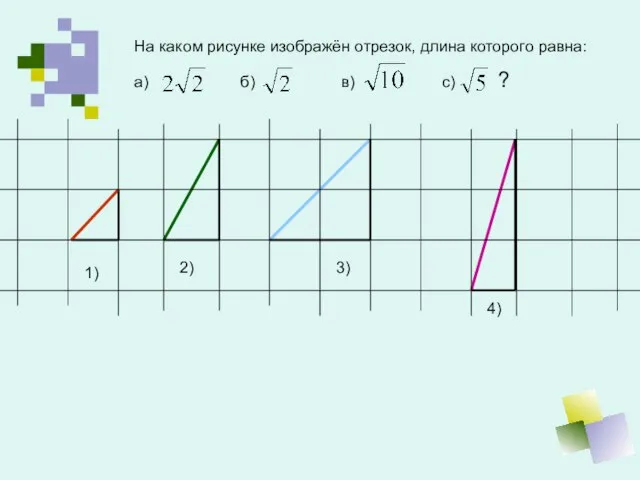 На каком рисунке изображён отрезок, длина которого равна: 1) 2) 3)