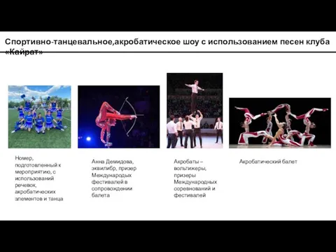 Спортивно-танцевальное,акробатическое шоу с использованием песен клуба «Кайрат» Акробаты – вольтижеры, призеры