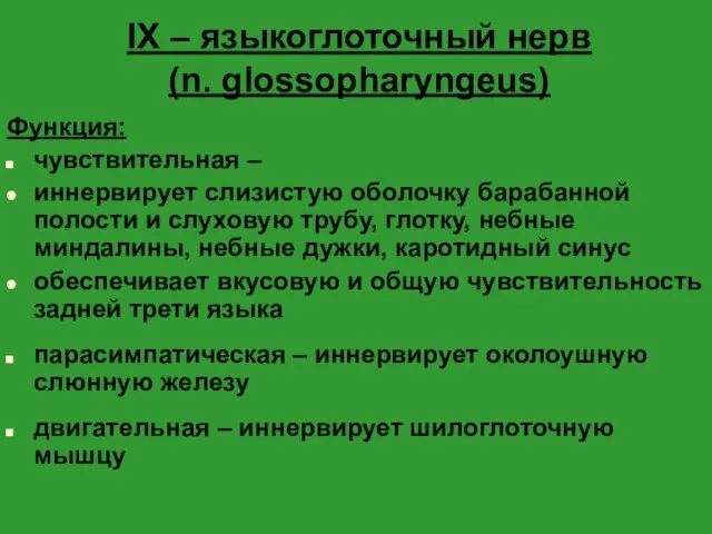 IX – языкоглоточный нерв (n. glossopharyngeus) Функция: чувствительная – иннервирует слизистую