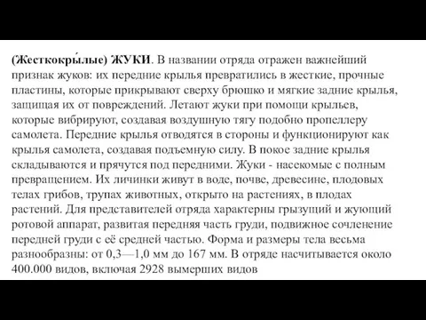 (Жесткокры́лые) ЖУКИ. В названии отряда отражен важнейший признак жуков: их передние