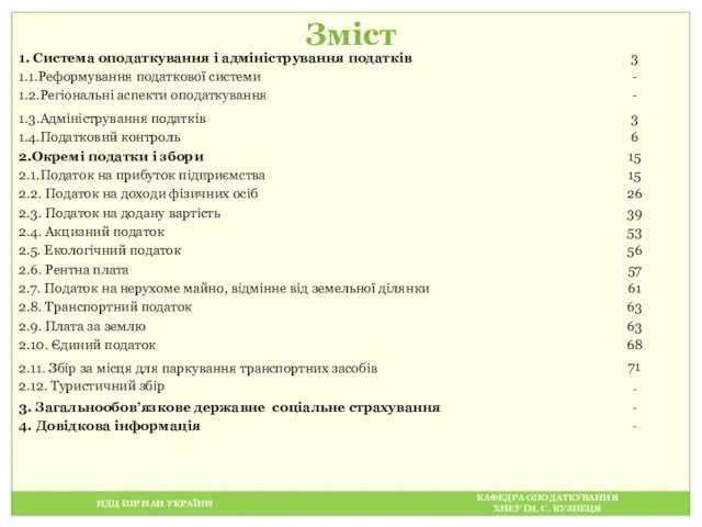 НДЦ ІПР НАН УКРАЇНИ КАФЕДРА ОПОДАТКУВАННЯ ХНЕУ ІМ. С. КУЗНЕЦЯ Зміст