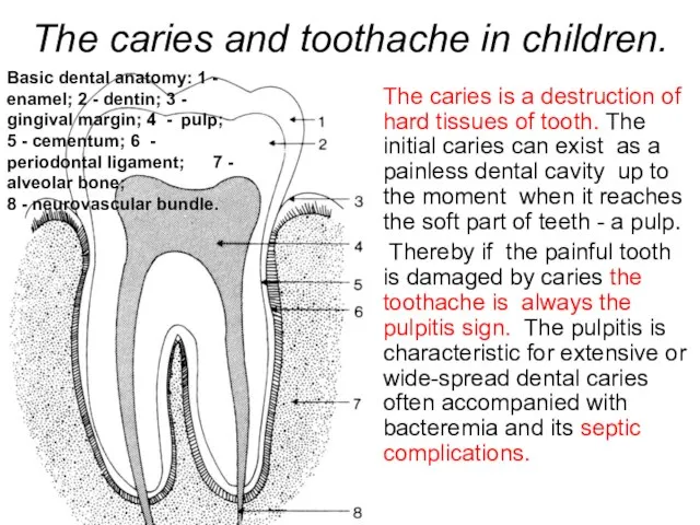 The caries and toothache in children. The caries is a destruction
