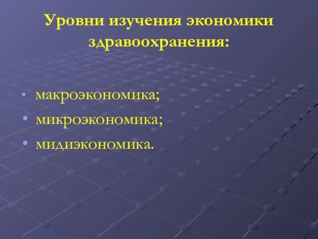 Уровни изучения экономики здравоохранения: макроэкономика; микроэкономика; мидиэкономика.