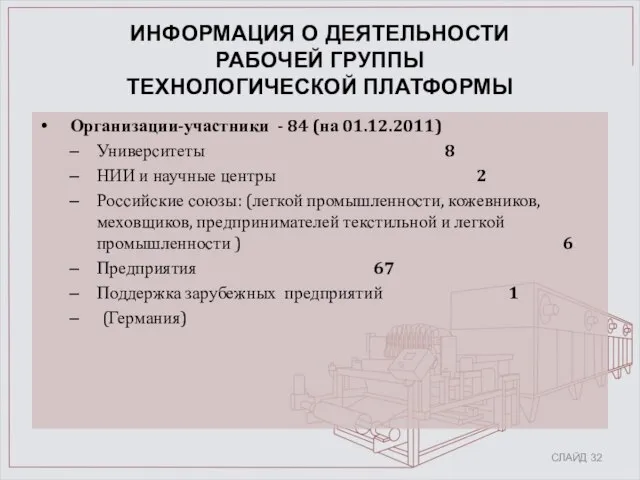 ИНФОРМАЦИЯ О ДЕЯТЕЛЬНОСТИ РАБОЧЕЙ ГРУППЫ ТЕХНОЛОГИЧЕСКОЙ ПЛАТФОРМЫ Организации-участники - 84 (на