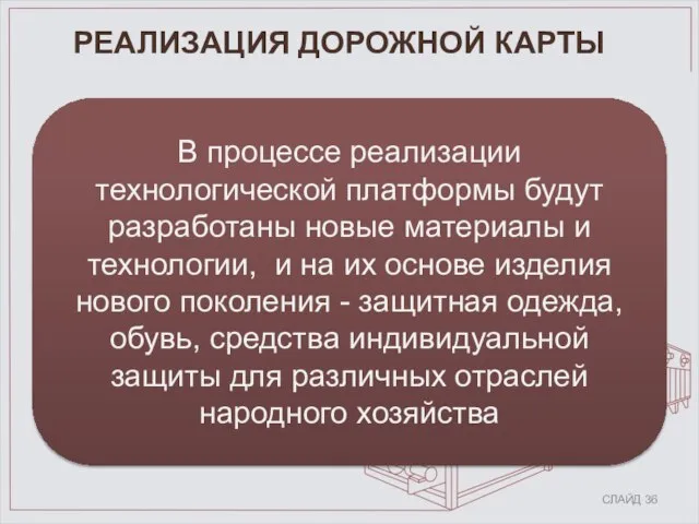 СЛАЙД 36 РЕАЛИЗАЦИЯ ДОРОЖНОЙ КАРТЫ В процессе реализации технологической платформы будут