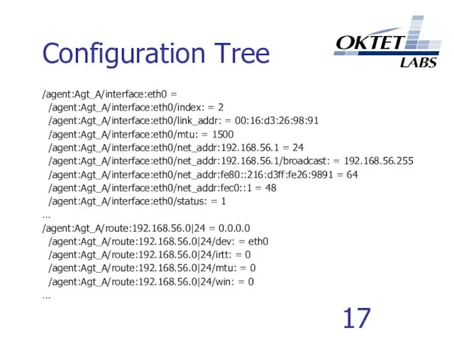 Configuration Tree /agent:Agt_A/interface:eth0 = /agent:Agt_A/interface:eth0/index: = 2 /agent:Agt_A/interface:eth0/link_addr: = 00:16:d3:26:98:91 /agent:Agt_A/interface:eth0/mtu: