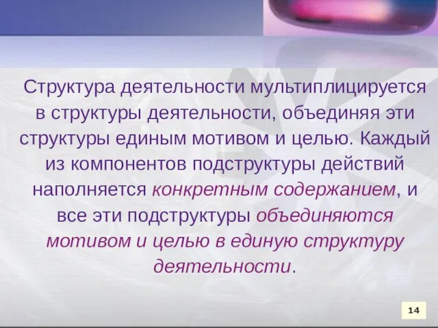 Структура деятельности мультиплицируется в структуры деятельности, объединяя эти структуры единым мотивом