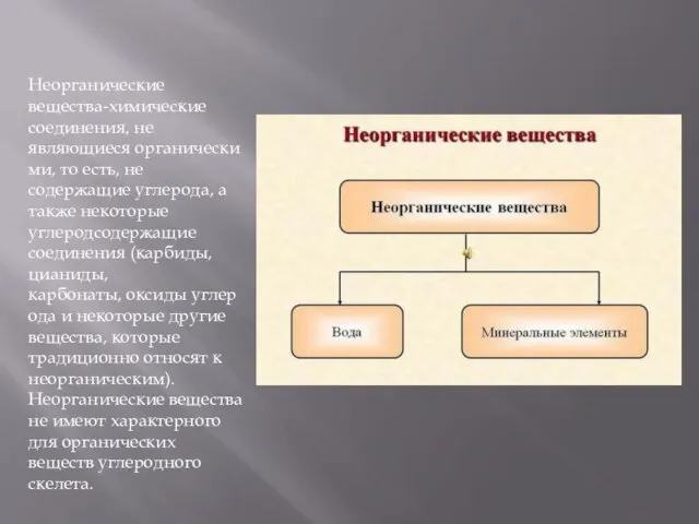 Неорганические вещества-химические соединения, не являющиеся органическими, то есть, не содержащие углерода,