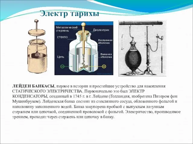 Электр тарихы ЛЕЙДЕН БАНКАСЫ, первое в истории и простейшее устройство для