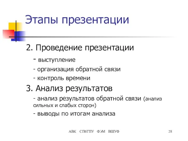 АВК СПбГПУ ФЭМ ВШУФ Этапы презентации 2. Проведение презентации - выступление