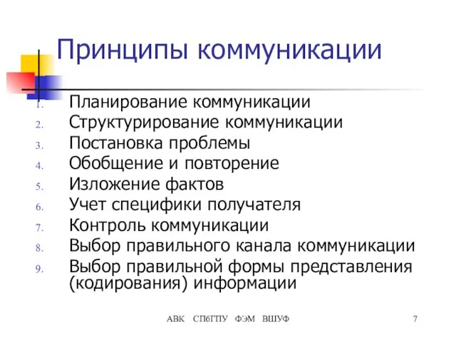 АВК СПбГПУ ФЭМ ВШУФ Принципы коммуникации Планирование коммуникации Структурирование коммуникации Постановка