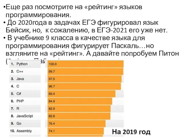 Еще раз посмотрите на «рейтинг» языков программирования. До 2020года в задачах