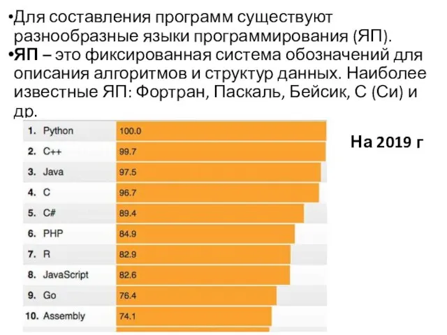 Для составления программ существуют разнообразные языки программирования (ЯП). ЯП – это