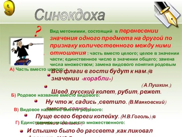 ? - Синекдоха Вид метонимии, состоящий в перенесении значения одного предмета