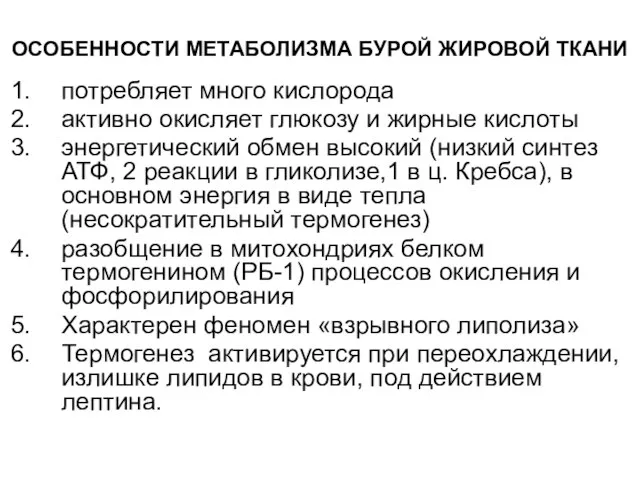 ОСОБЕННОСТИ МЕТАБОЛИЗМА БУРОЙ ЖИРОВОЙ ТКАНИ потребляет много кислорода активно окисляет глюкозу