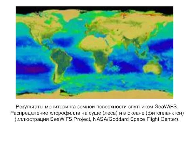 Результаты мониторинга земной поверхности спутником SeaWiFS. Распределение хлорофилла на суше (леса)