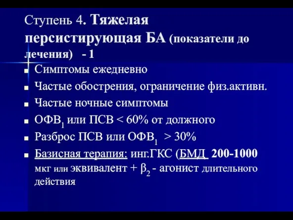 Ступень 4. Тяжелая персистирующая БА (показатели до лечения) - 1 Симптомы