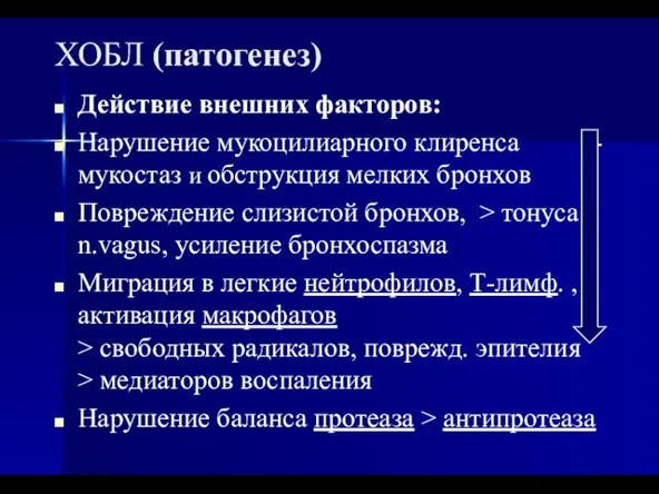 ХОБЛ (патогенез) Действие внешних факторов: Нарушение мукоцилиарного клиренса - мукостаз и