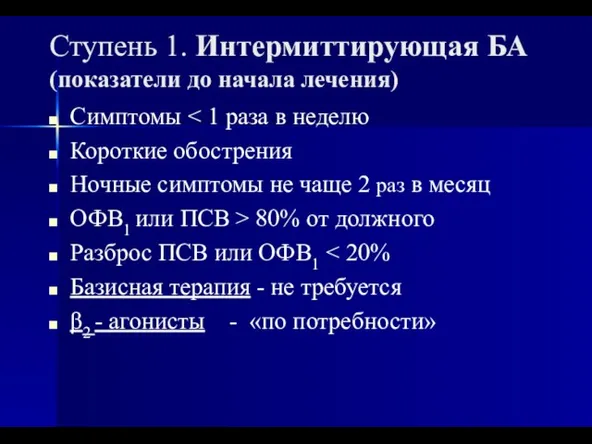 Ступень 1. Интермиттирующая БА (показатели до начала лечения) Симптомы Короткие обострения