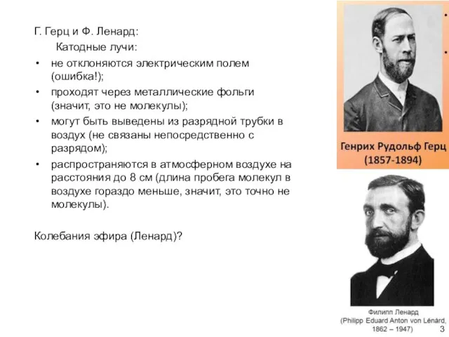 Г. Герц и Ф. Ленард: Катодные лучи: не отклоняются электрическим полем