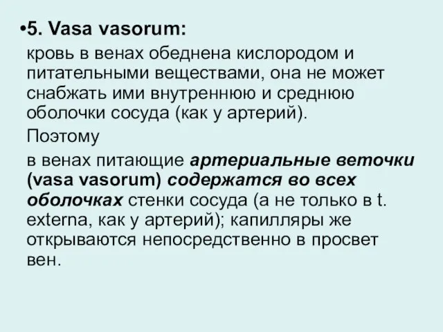 5. Vasa vasorum: кровь в венах обеднена кислородом и питательными веществами,