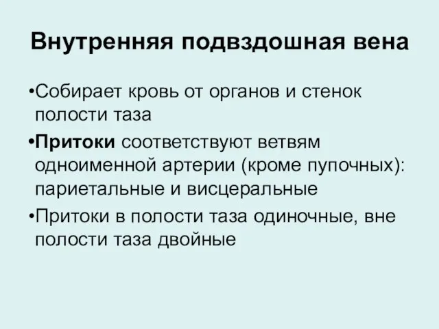 Внутренняя подвздошная вена Собирает кровь от органов и стенок полости таза